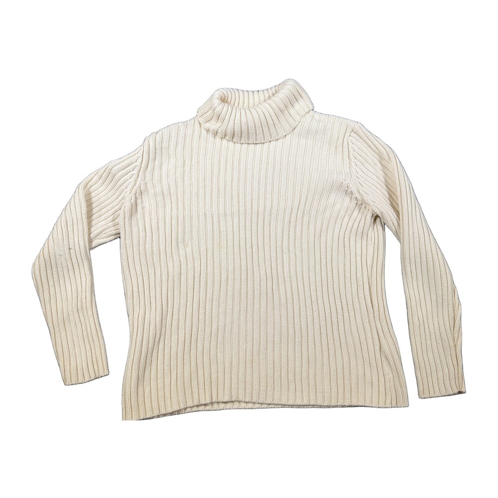 Lands End Womens XL Ivory Ribbed Knit Cotton Turtleneck Sweater Cream Solid